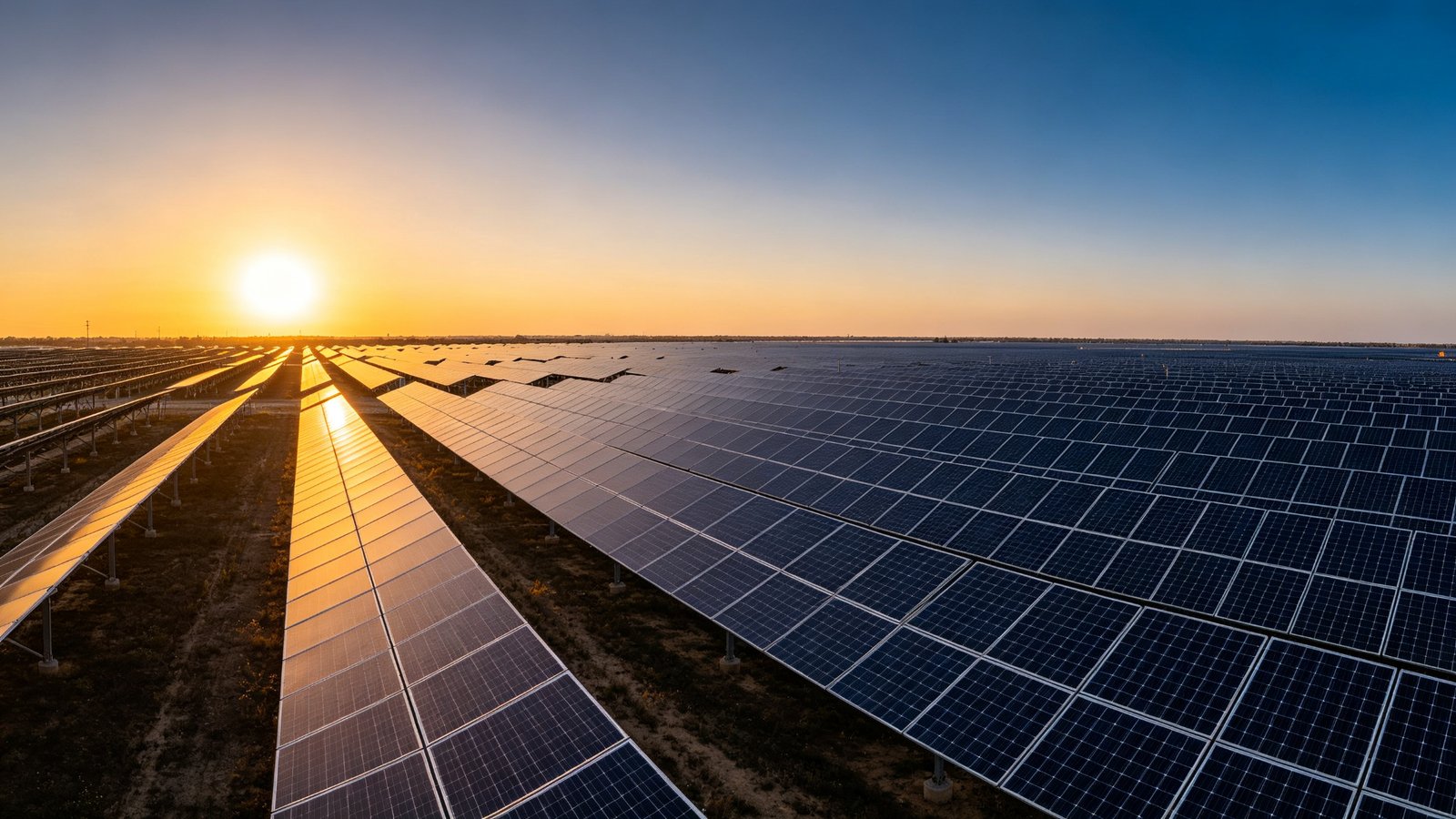 Utility-scale solar farm at golden hour